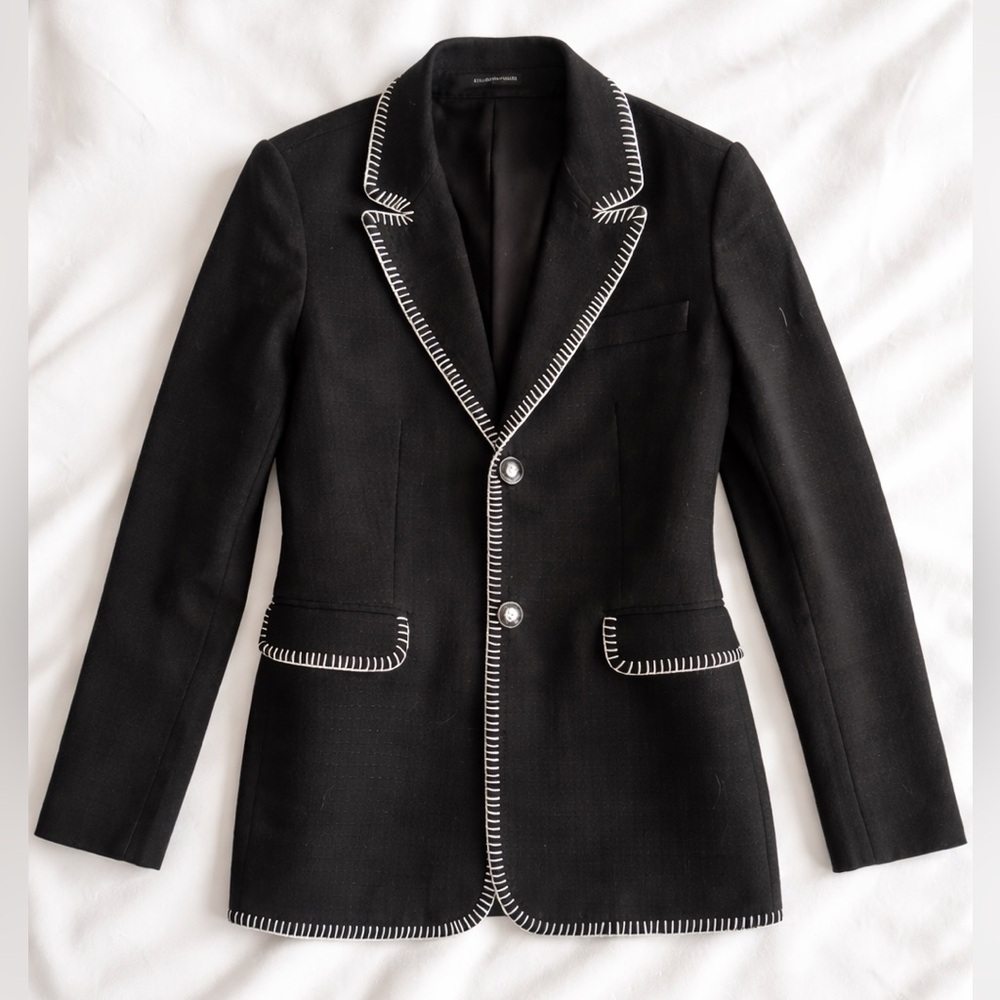 Elie Tahari Black Whipstitch Blazer Contrast Stitch Designer Jacket Blazer